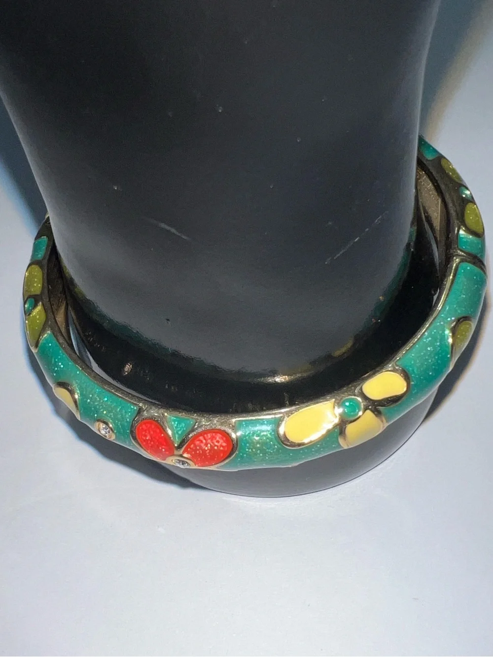 Betsey Johnson Green Enamel Hinged Floral Bangle with Red & Yellow Flowers